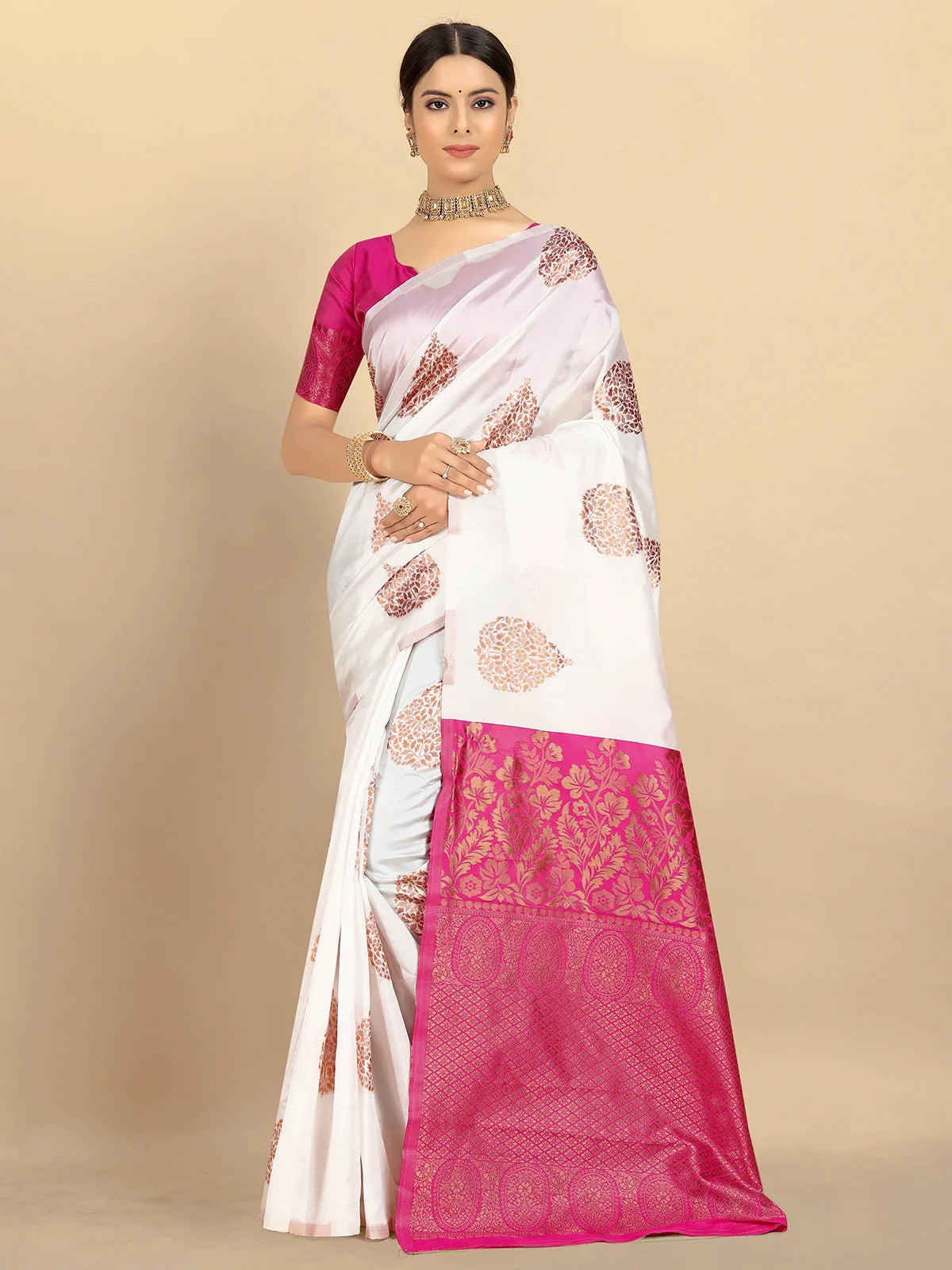 Buy Ethnic Motifs Banarasi Silk Saree With Blouse Piece-White