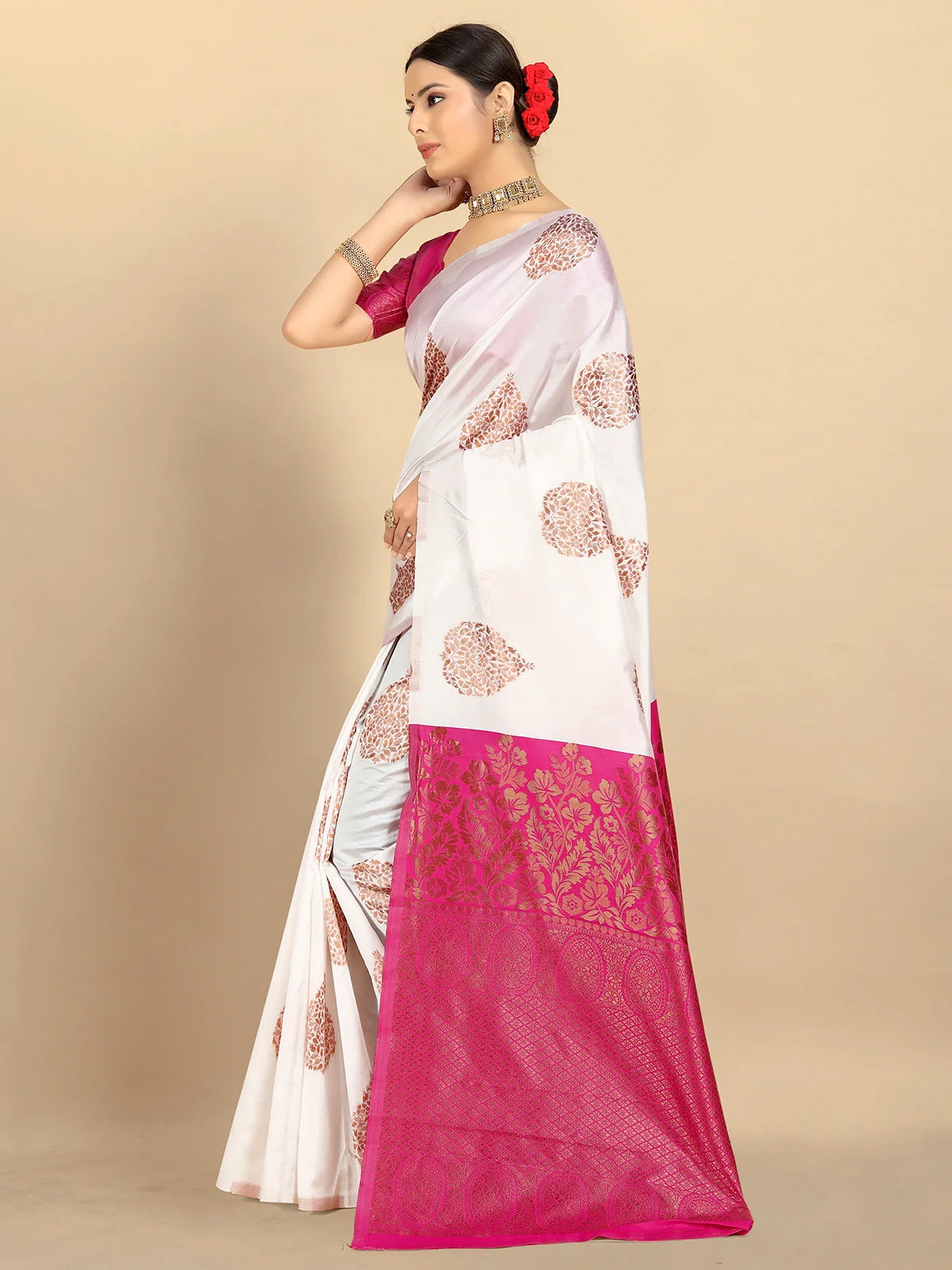 Buy Ethnic Motifs Banarasi Silk Saree With Blouse Piece-White