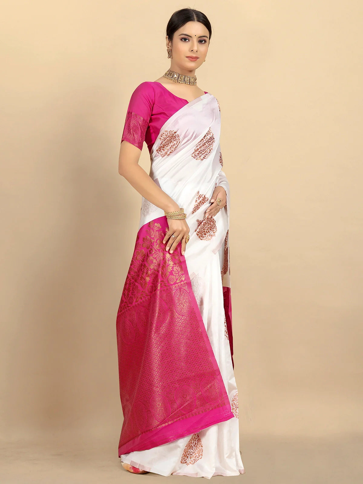 Buy Ethnic Motifs Banarasi Silk Saree With Blouse Piece-White