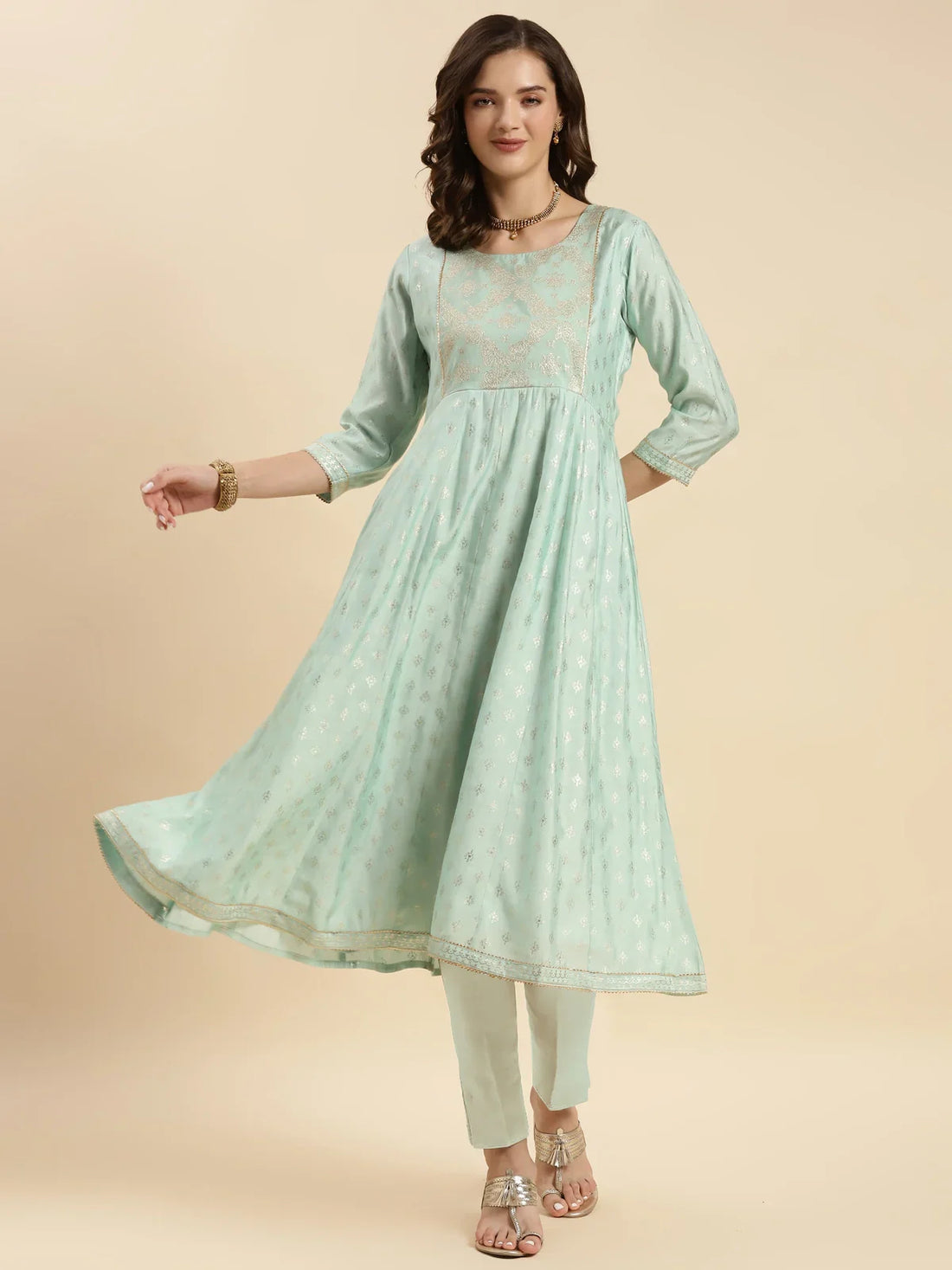 Buy Silk Gold Printed Calf Length Anarkali Kurta With Pant-Sea Green