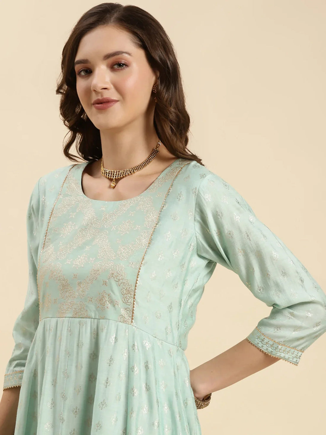 Buy Silk Gold Printed Calf Length Anarkali Kurta With Pant-Sea Green