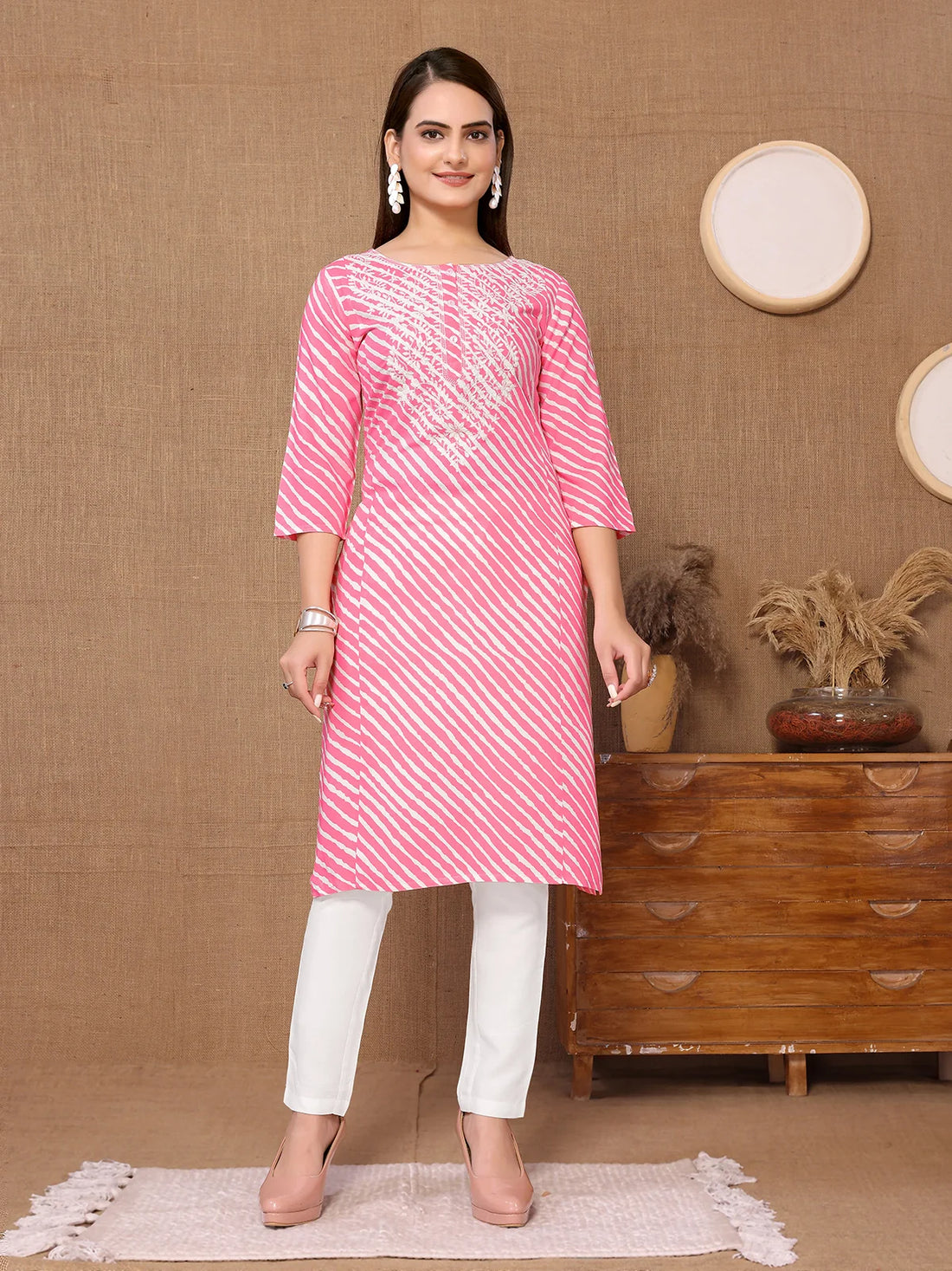 Buy Rayon Embroidered Knee Length A-line Kurta With Pant-Pink