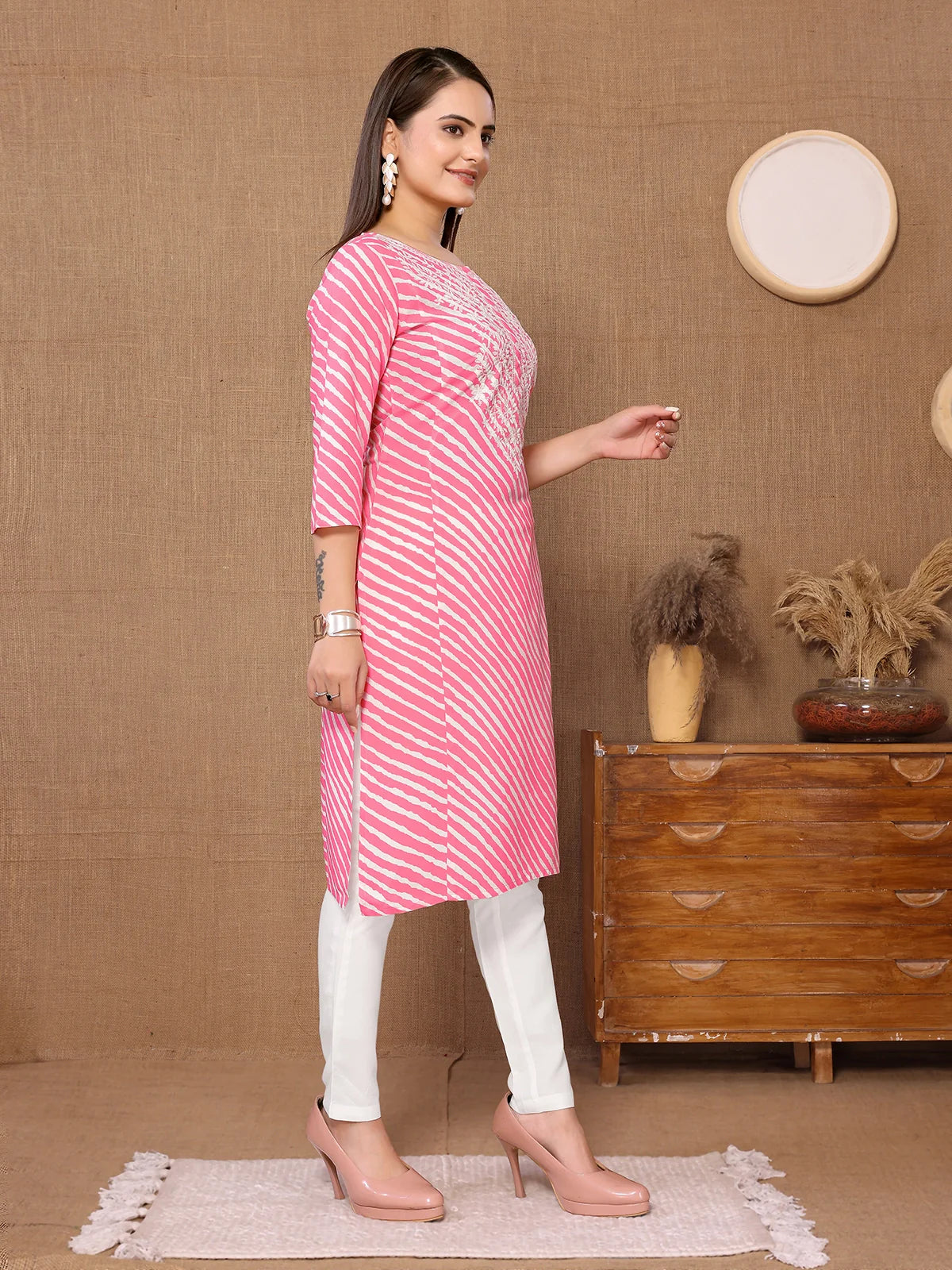 Buy Rayon Embroidered Knee Length A-line Kurta With Pant-Pink