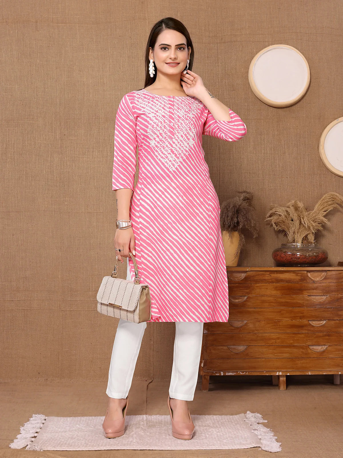 Buy Rayon Embroidered Knee Length A-line Kurta With Pant-Pink