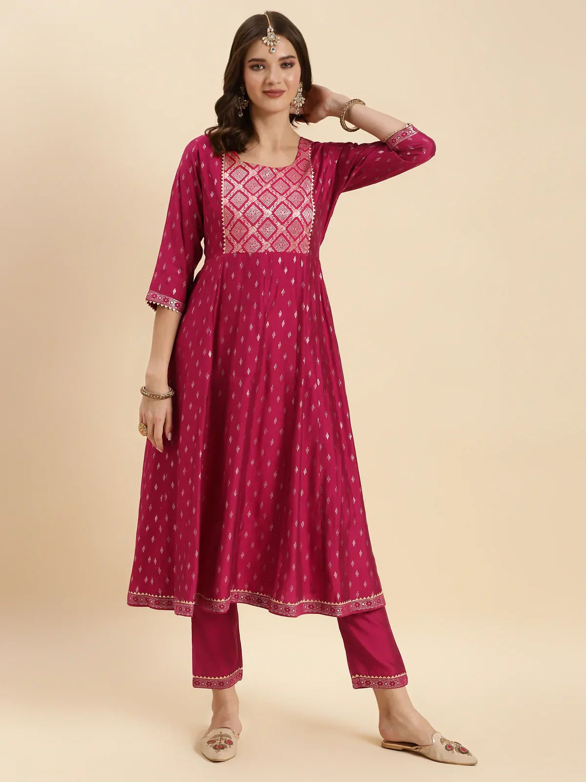 Buy Silk Gold Printed Calf Length Anarkali Kurta With Pant-Red