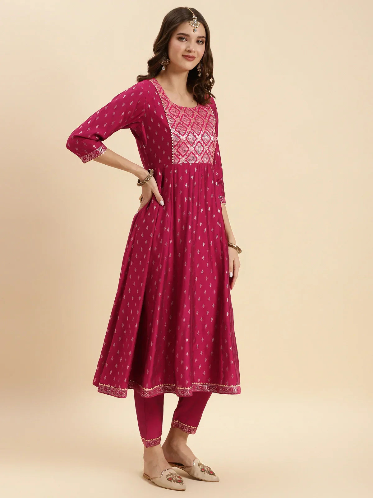 Buy Silk Gold Printed Calf Length Anarkali Kurta With Pant-Red