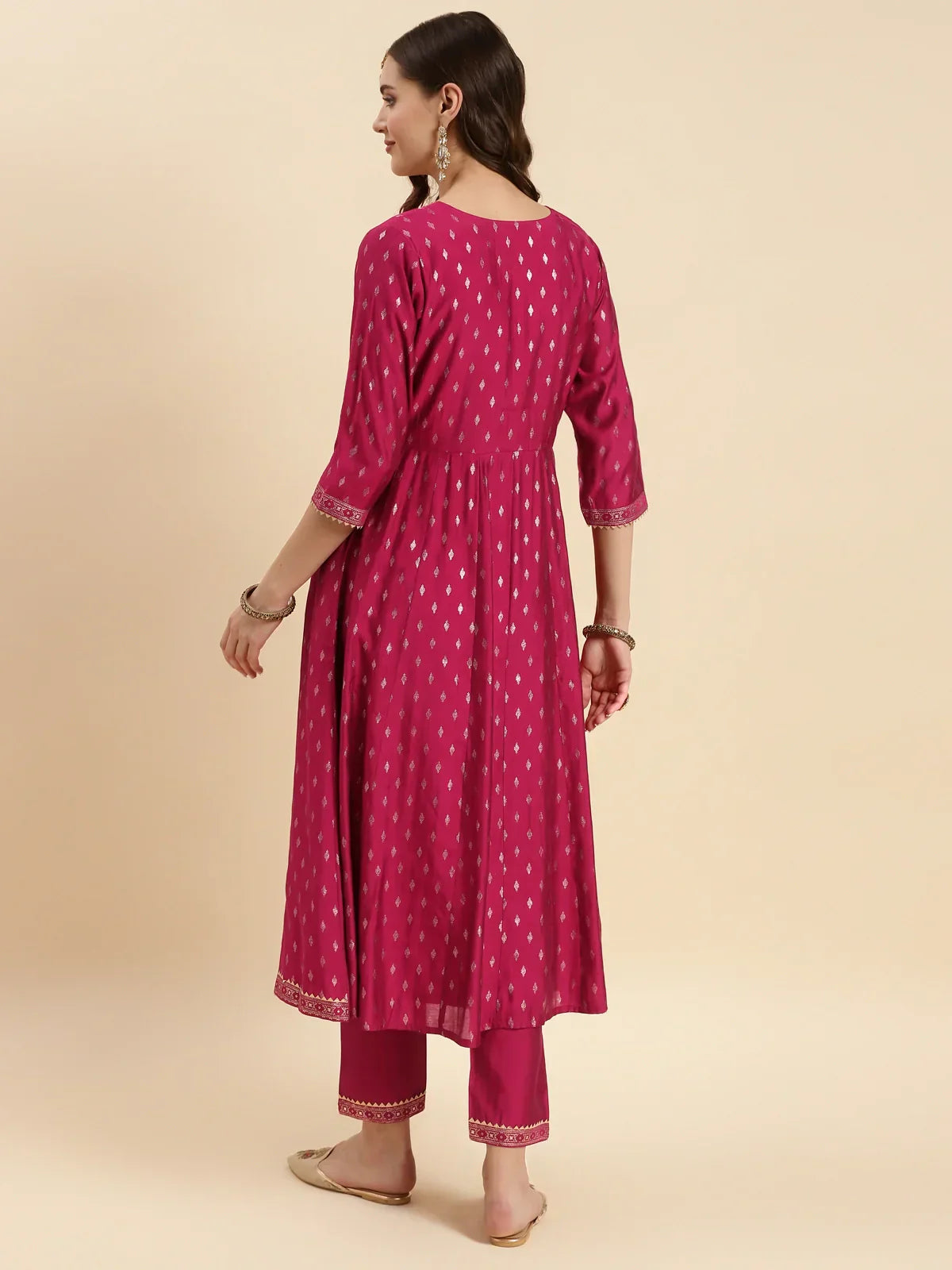 Buy Silk Gold Printed Calf Length Anarkali Kurta With Pant-Red