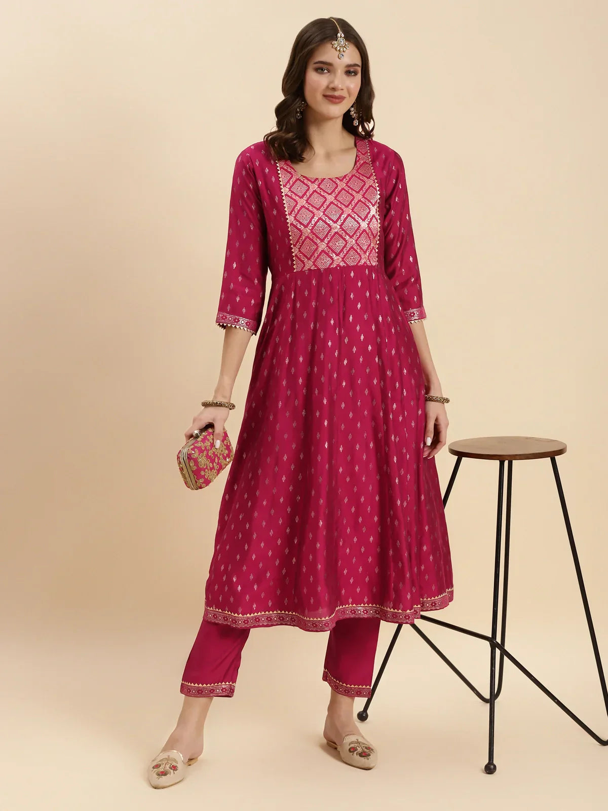 Buy Silk Gold Printed Calf Length Anarkali Kurta With Pant-Red