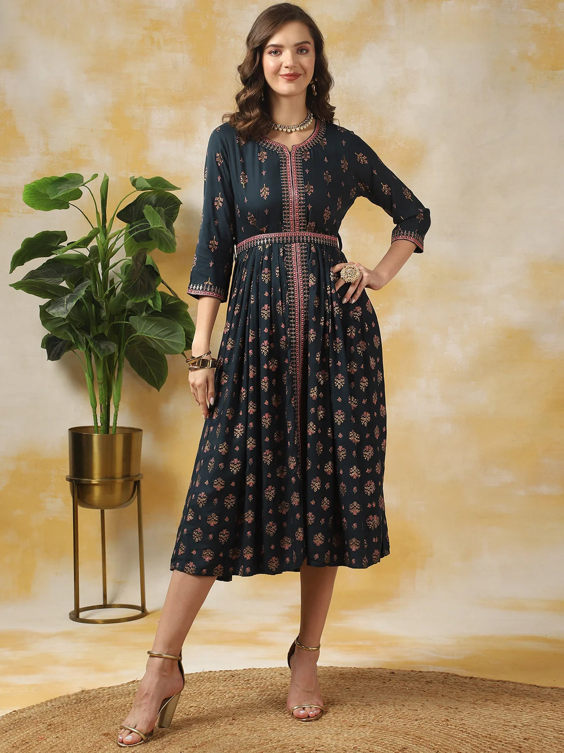 Buy Rayon Printed Calf Length Flared Dress-Blue