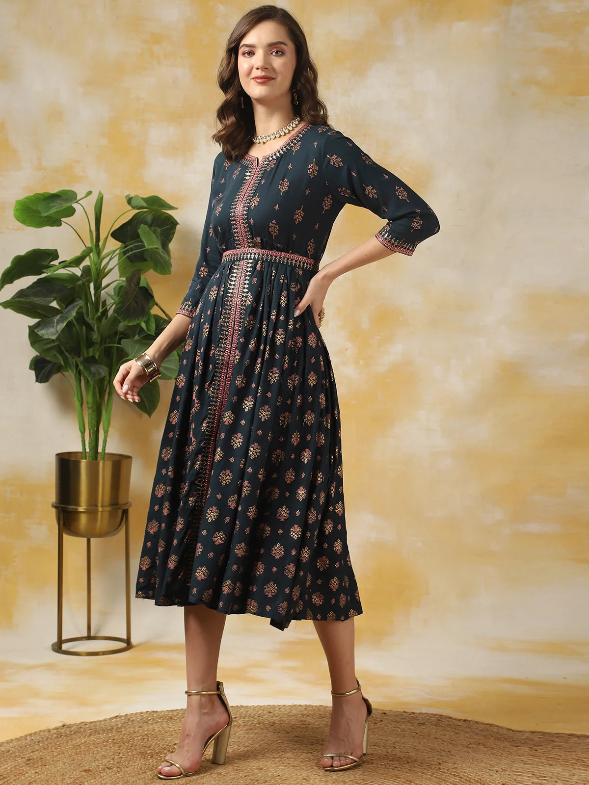 Buy Rayon Printed Calf Length Flared Dress-Blue