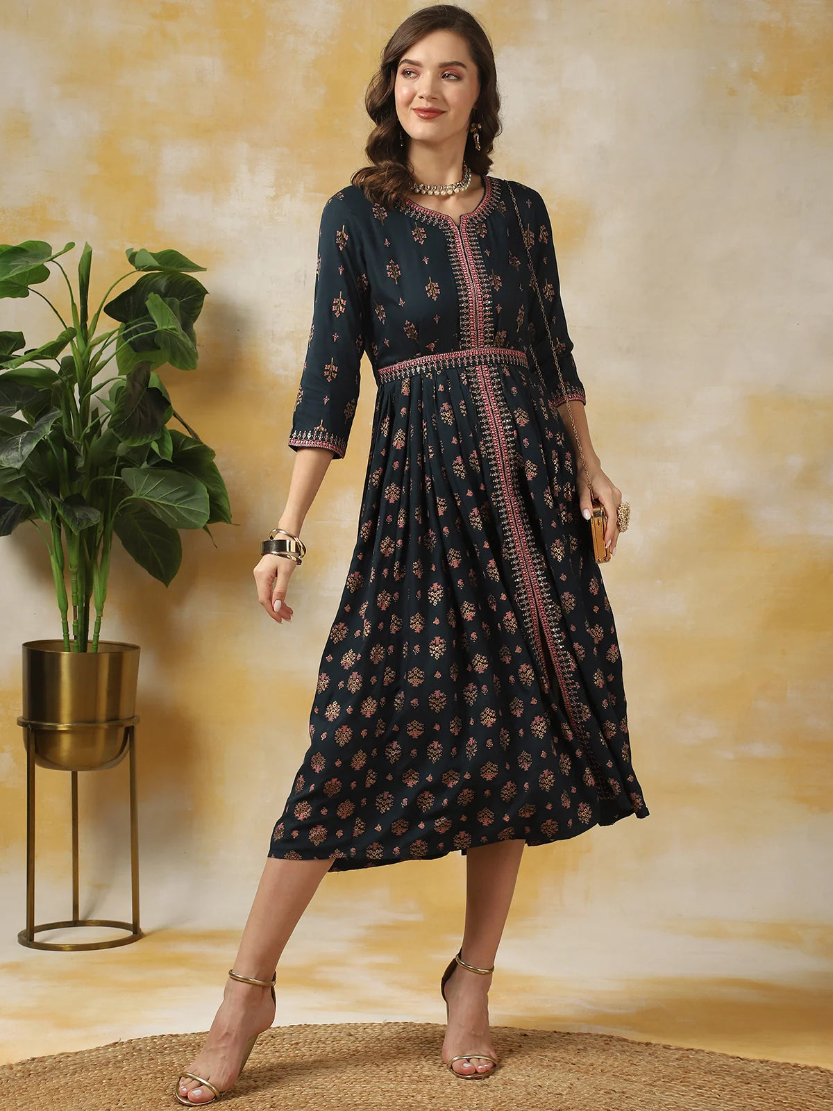 Buy Rayon Printed Calf Length Flared Dress-Blue