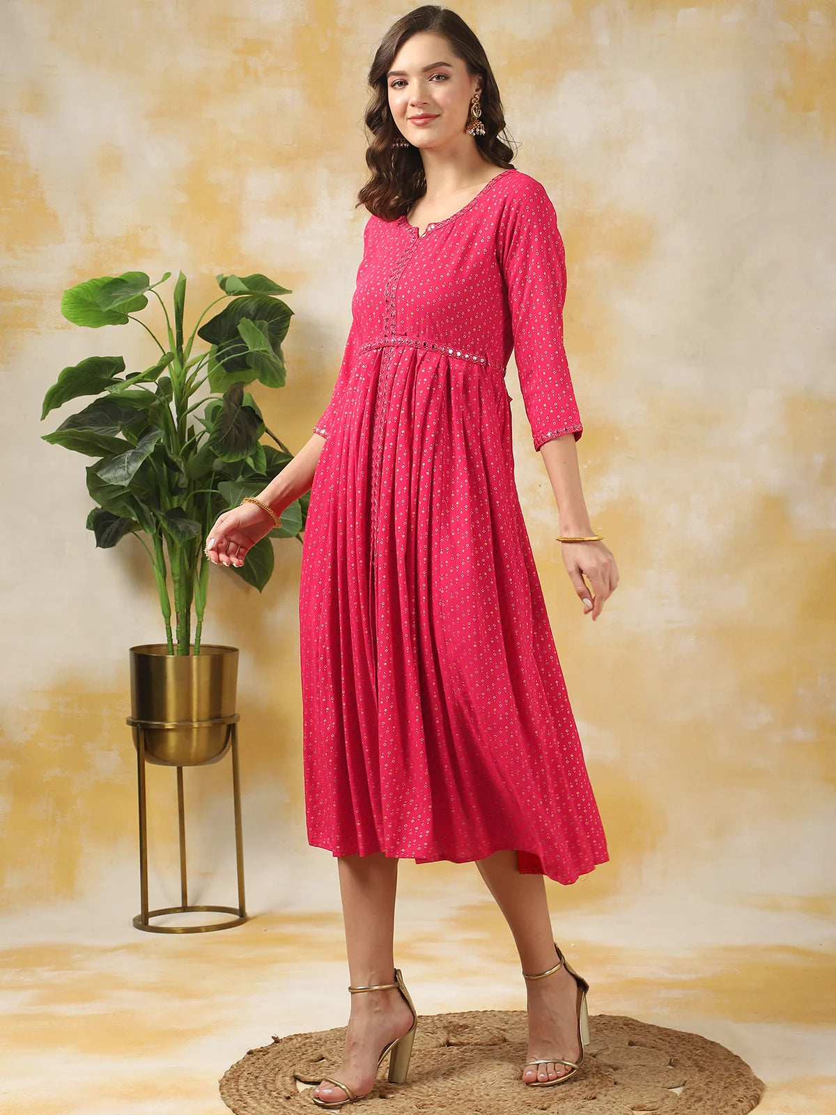 Buy Rayon Printed Calf Length Flared Dress-Pink