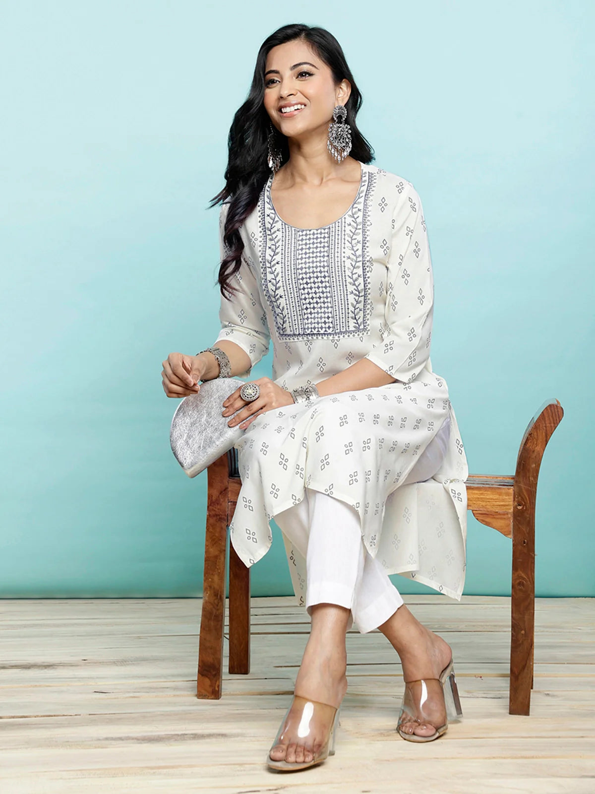 Buy Rayon Embroidered Calf Length Straight Kurta-Off White