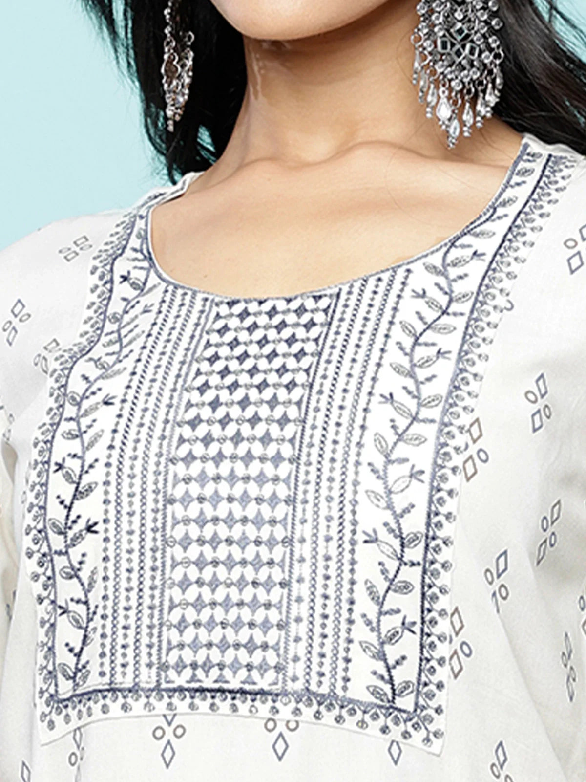 Buy Rayon Embroidered Calf Length Straight Kurta-Off White