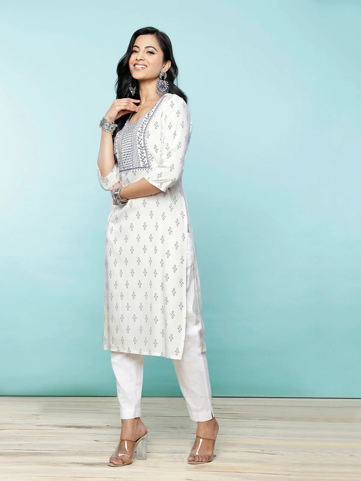 Buy Rayon Embroidered Calf Length Straight Kurta-Off White