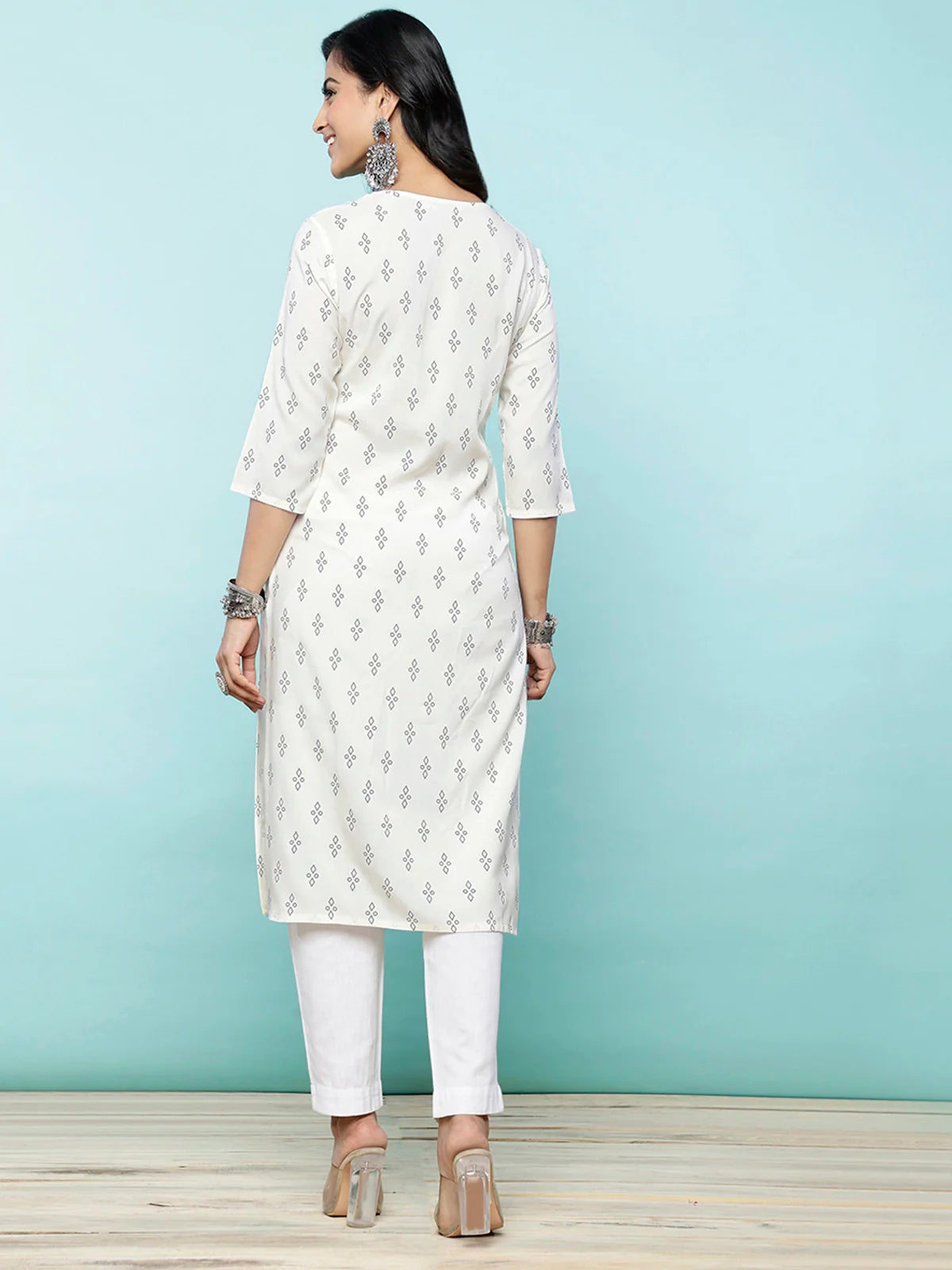 Buy Rayon Embroidered Calf Length Straight Kurta-Off White