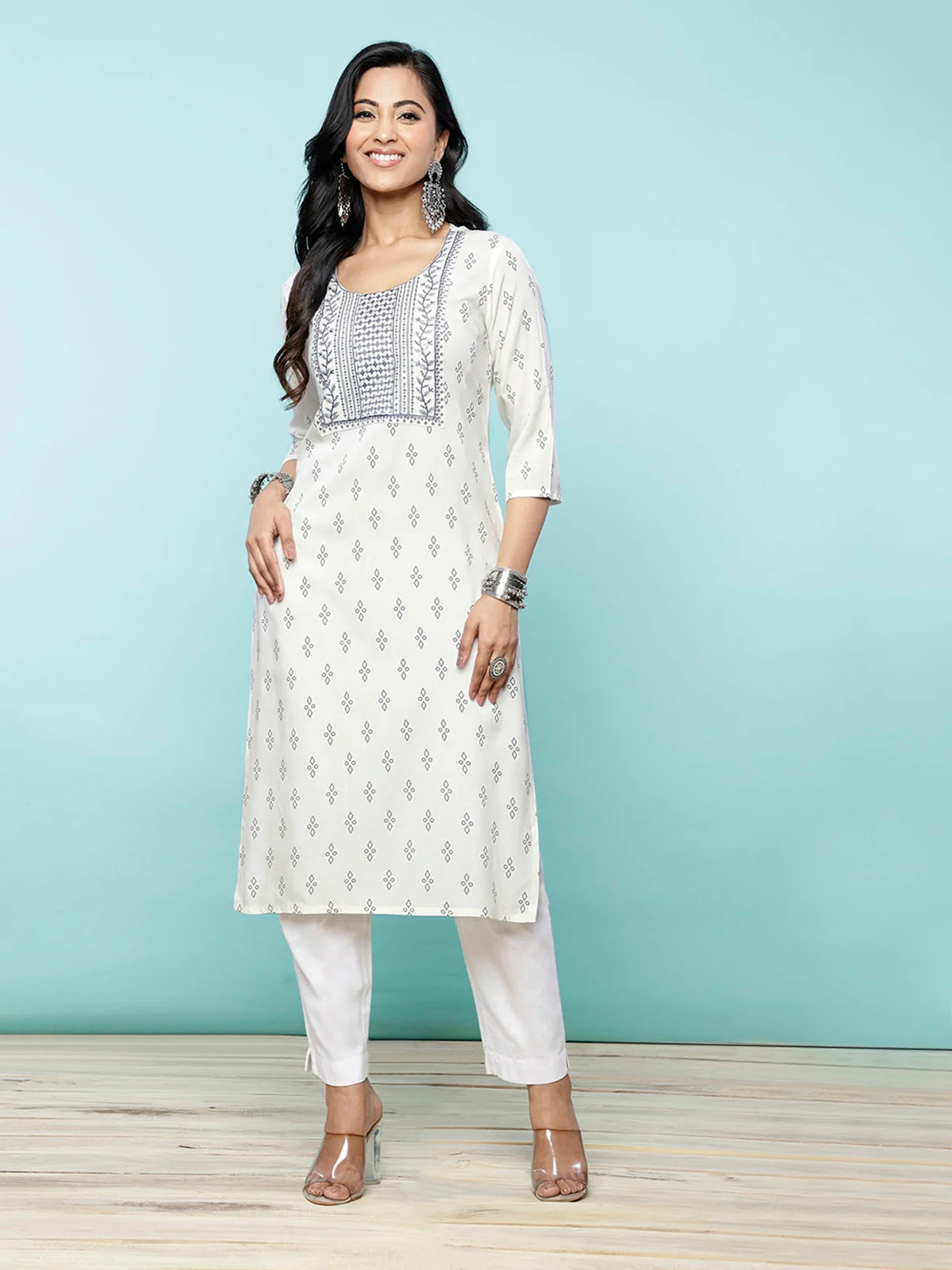 Buy Rayon Embroidered Calf Length Straight Kurta-Off White