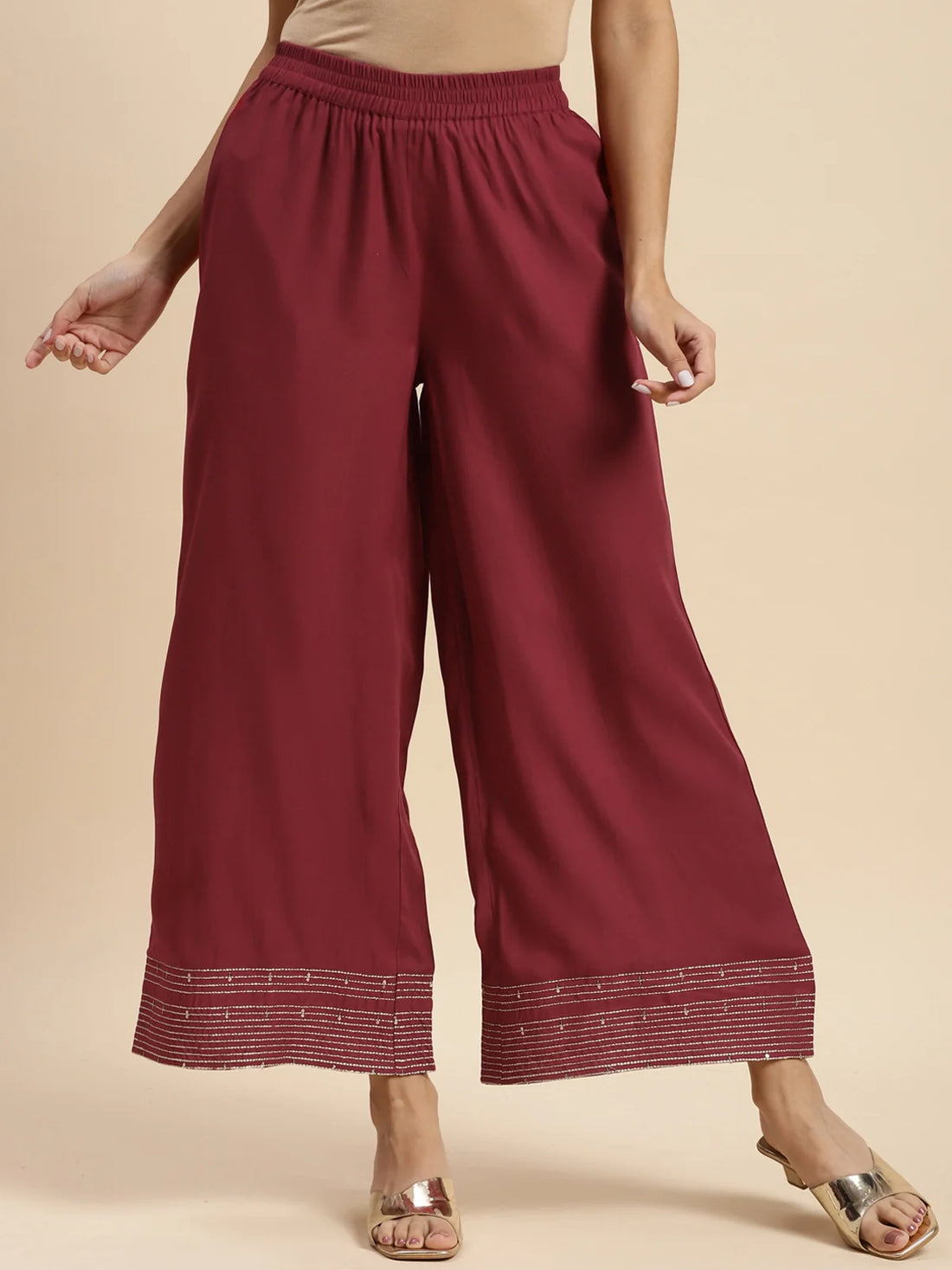 Buy Rayon Embroidered Ankle Length Regular Palazzo-Maroon