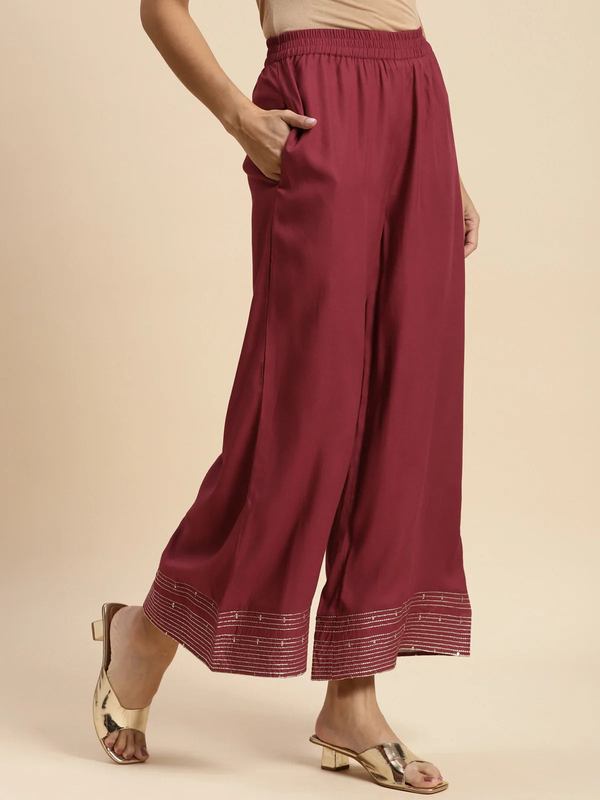 Buy Rayon Embroidered Ankle Length Regular Palazzo-Maroon