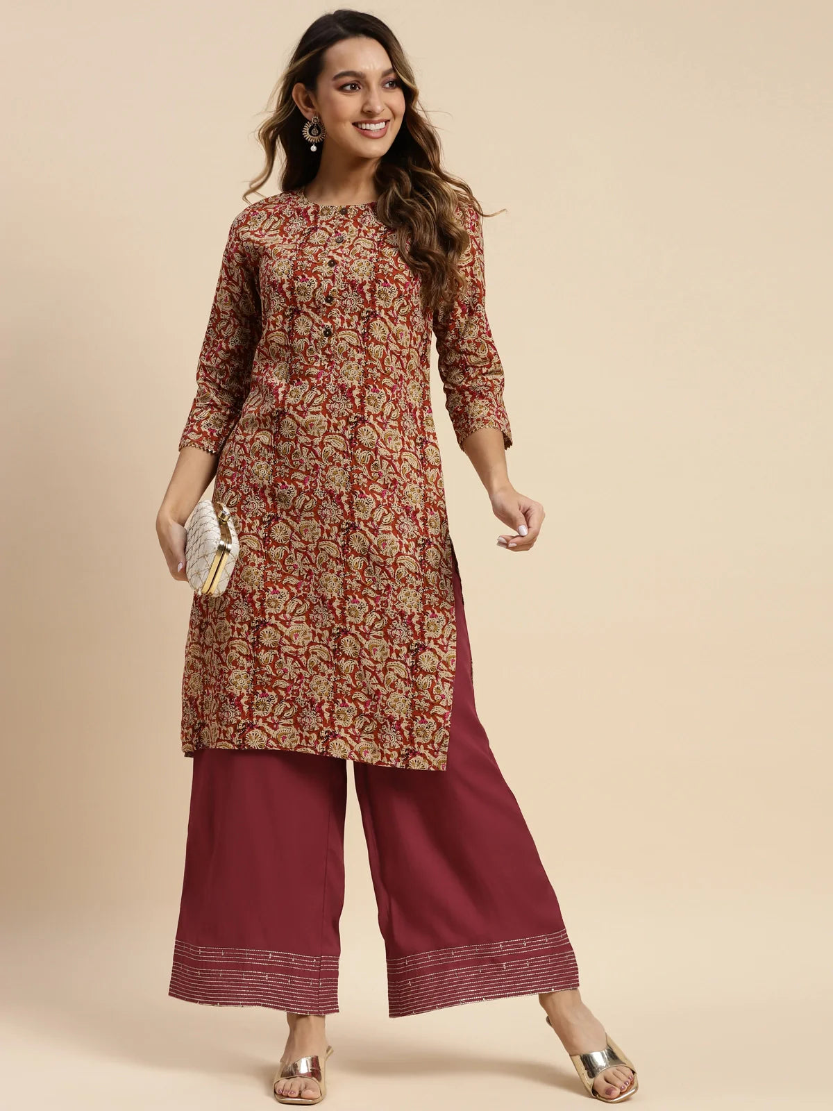 Buy Rayon Embroidered Ankle Length Regular Palazzo-Maroon