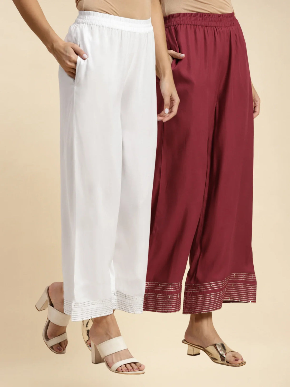 Buy Rayon Embroidered Ankle Length Regular Palazzos (Pack of 2)-Maroon & Off White