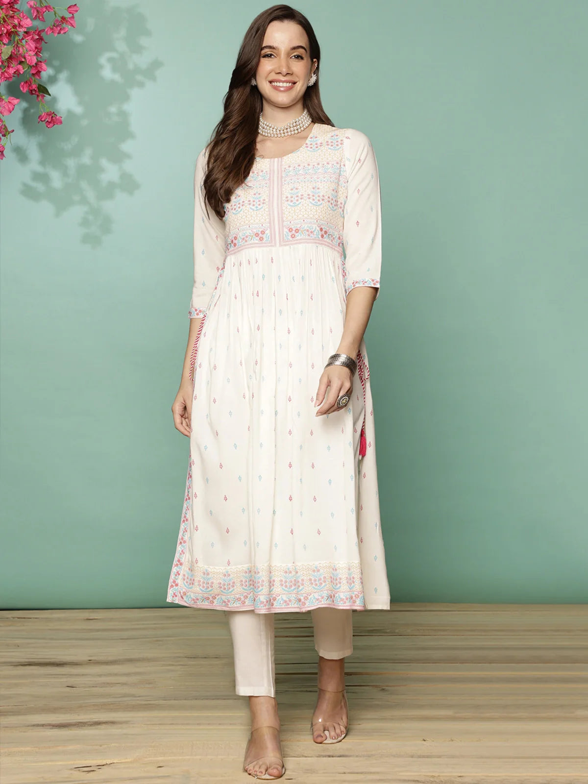 Buy Rayon Floral Printed Calf Length Nayra Kurta-Off White