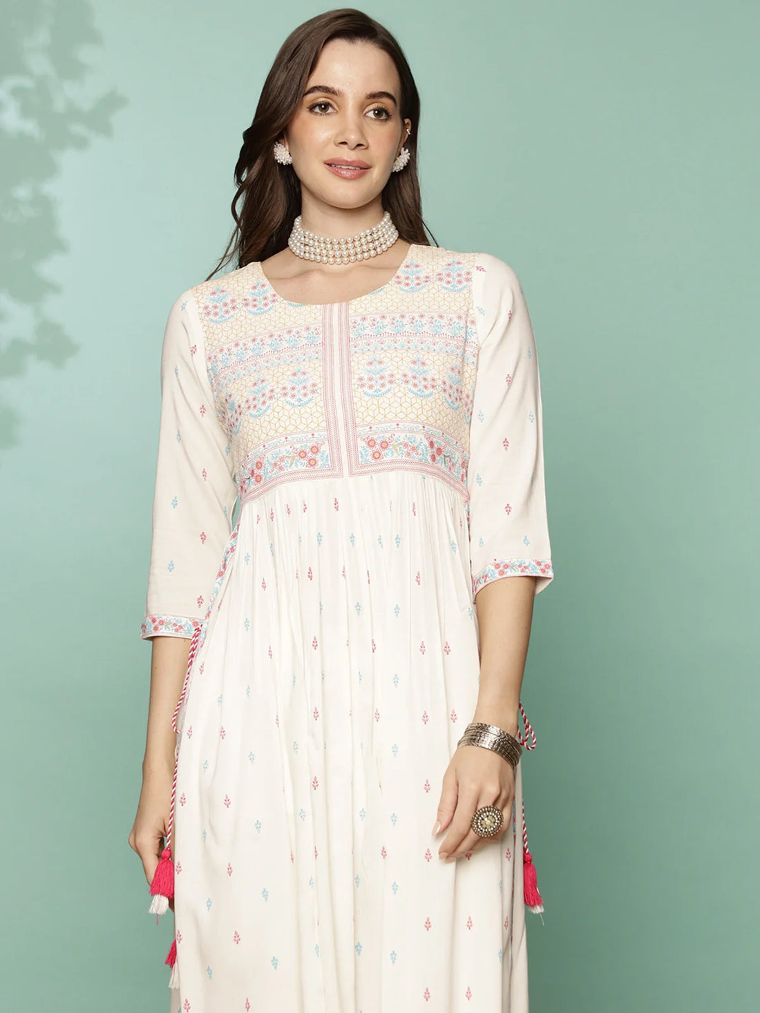 Buy Rayon Floral Printed Calf Length Nayra Kurta-Off White