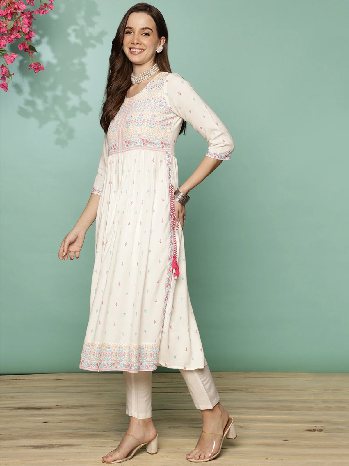 Buy Rayon Floral Printed Calf Length Nayra Kurta-Off White