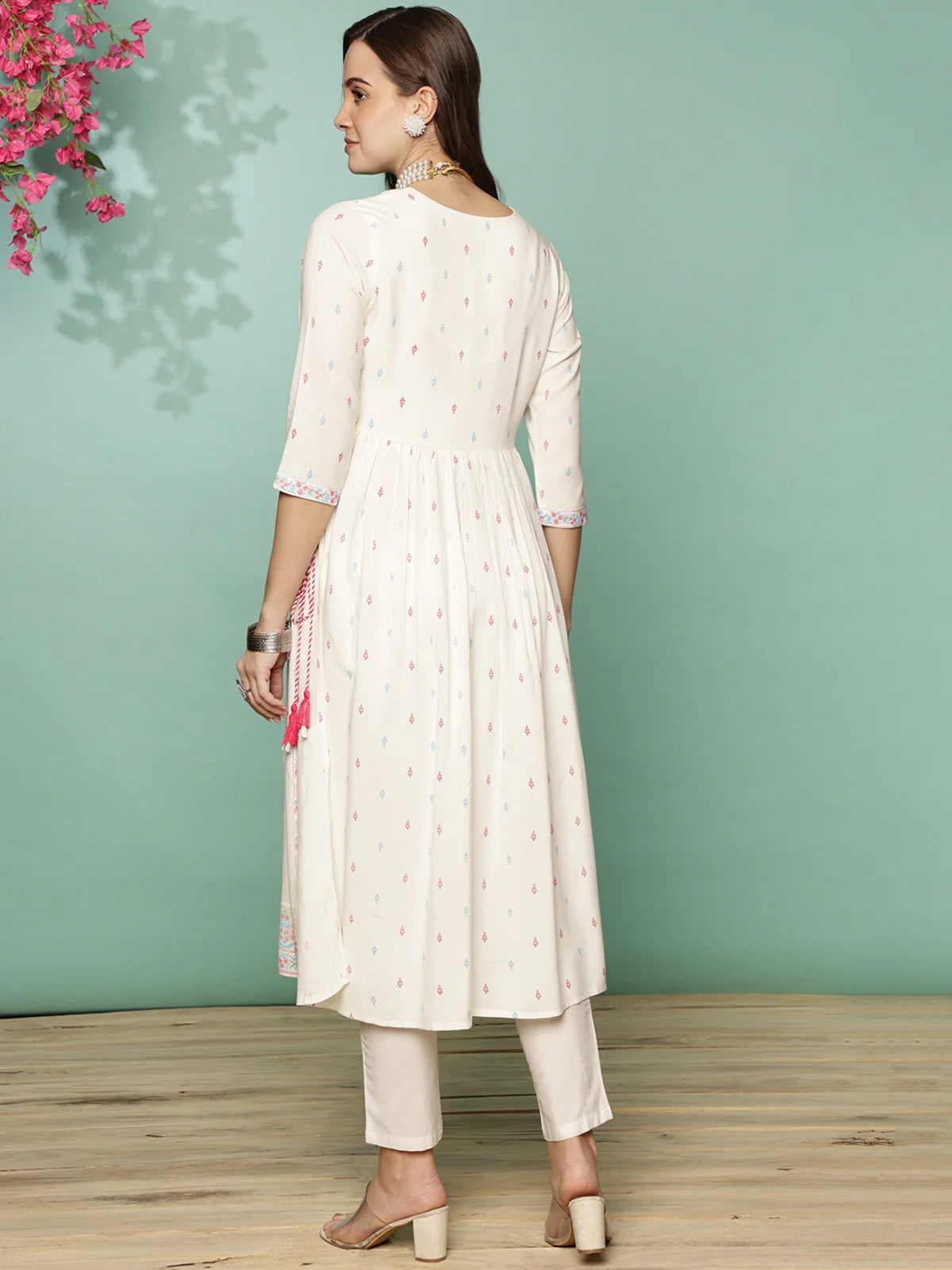 Buy Rayon Floral Printed Calf Length Nayra Kurta-Off White