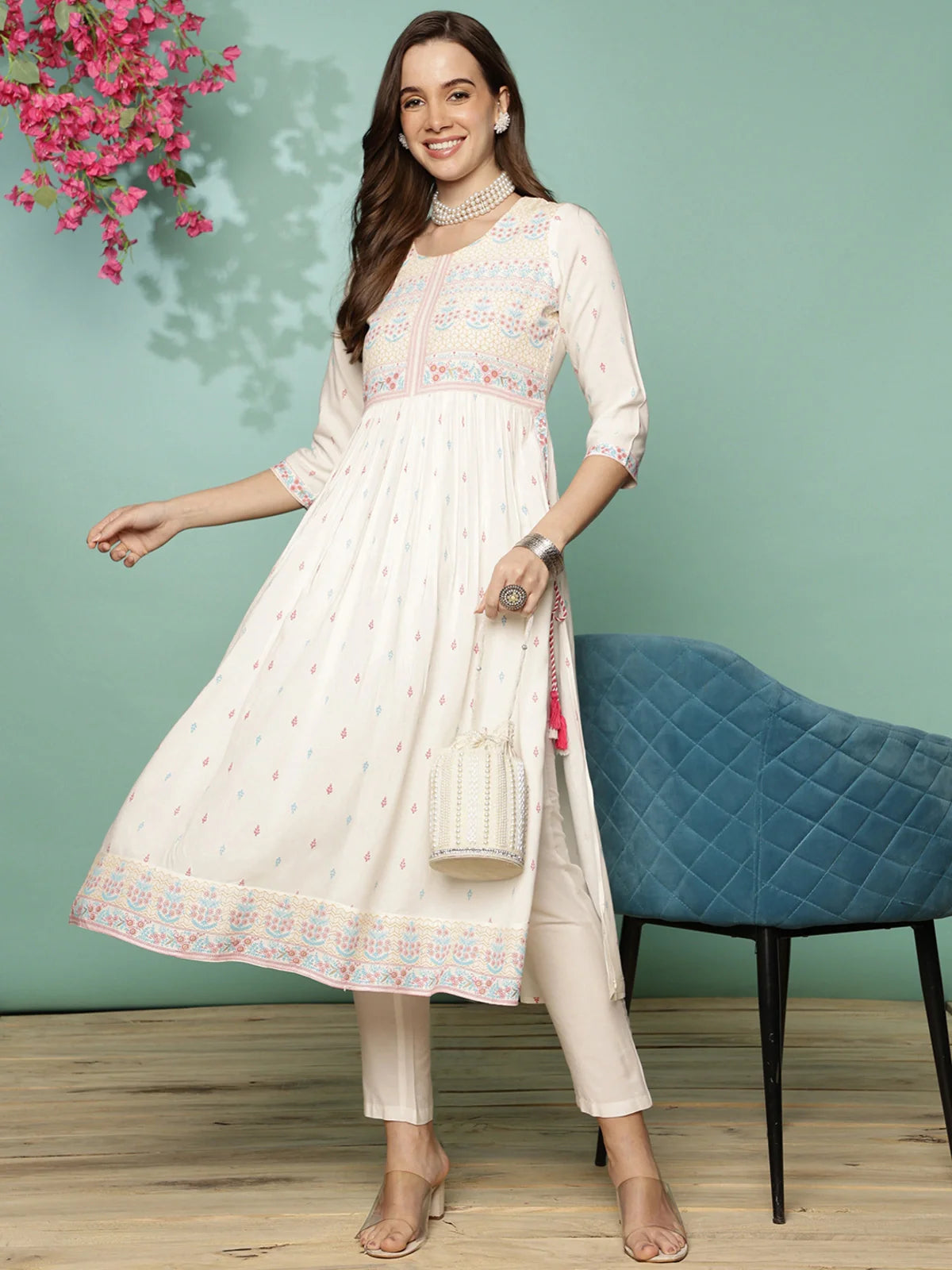 Buy Rayon Floral Printed Calf Length Nayra Kurta-Off White