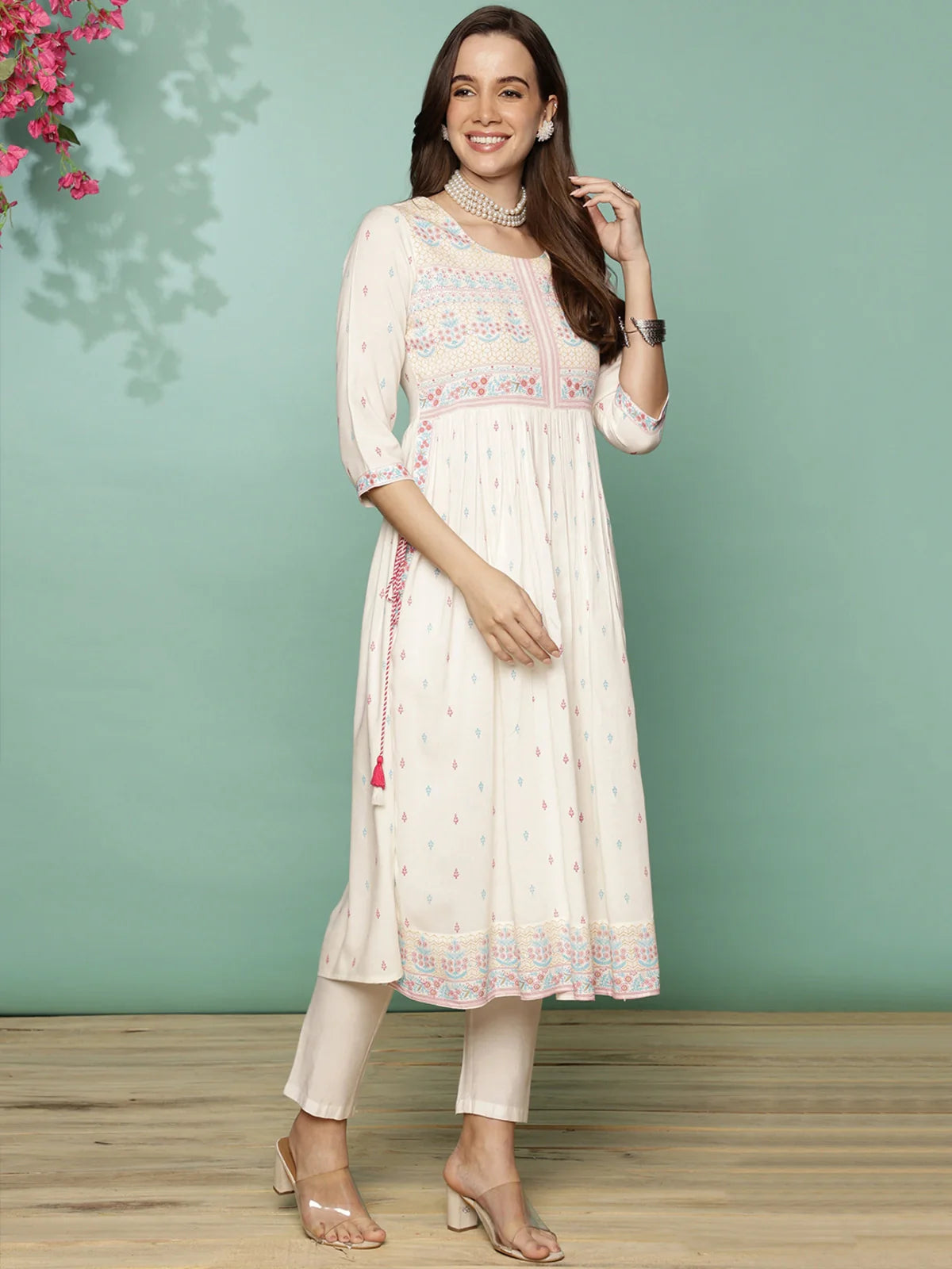 Buy Rayon Floral Printed Calf Length Nayra Kurta-Off White