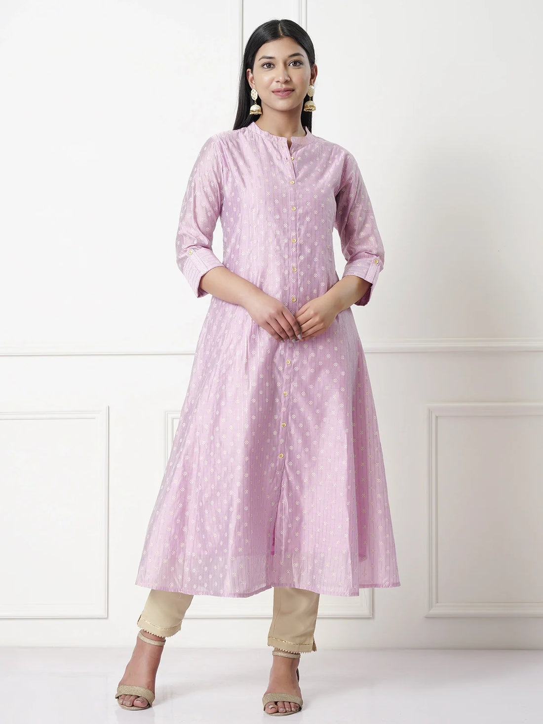 Buy Chanderi Ethnic Print Calf Length Partywear Kalidar Kurta-Mauve