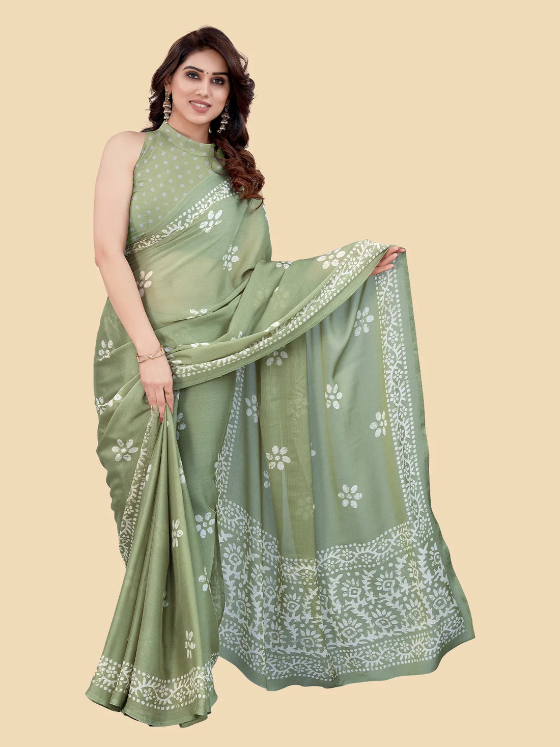 Buy Batik Printed Chiffon Saree With Blouse Piece-Green