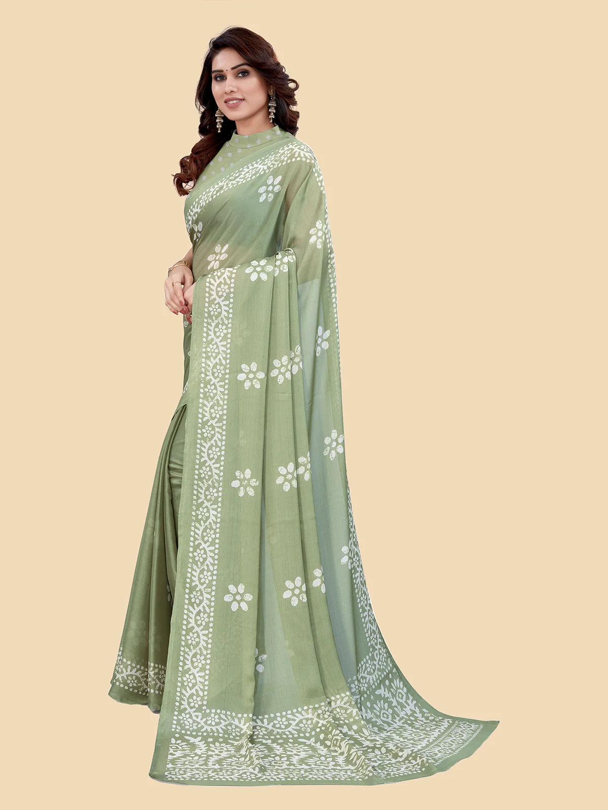 Buy Batik Printed Chiffon Saree With Blouse Piece-Green