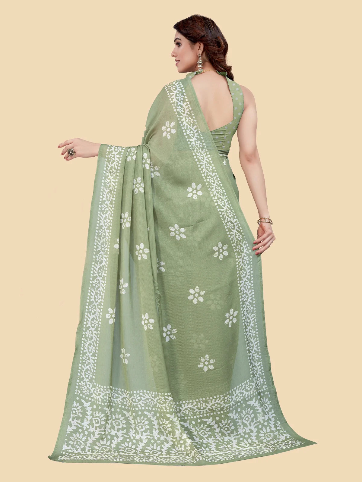 Buy Batik Printed Chiffon Saree With Blouse Piece-Green