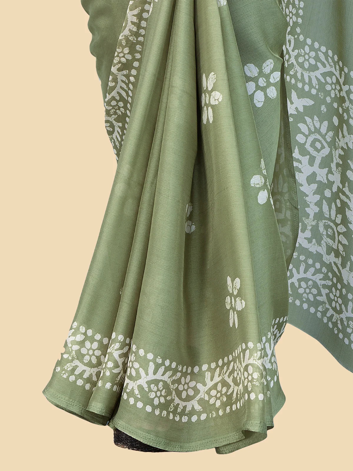 Buy Batik Printed Chiffon Saree With Blouse Piece-Green