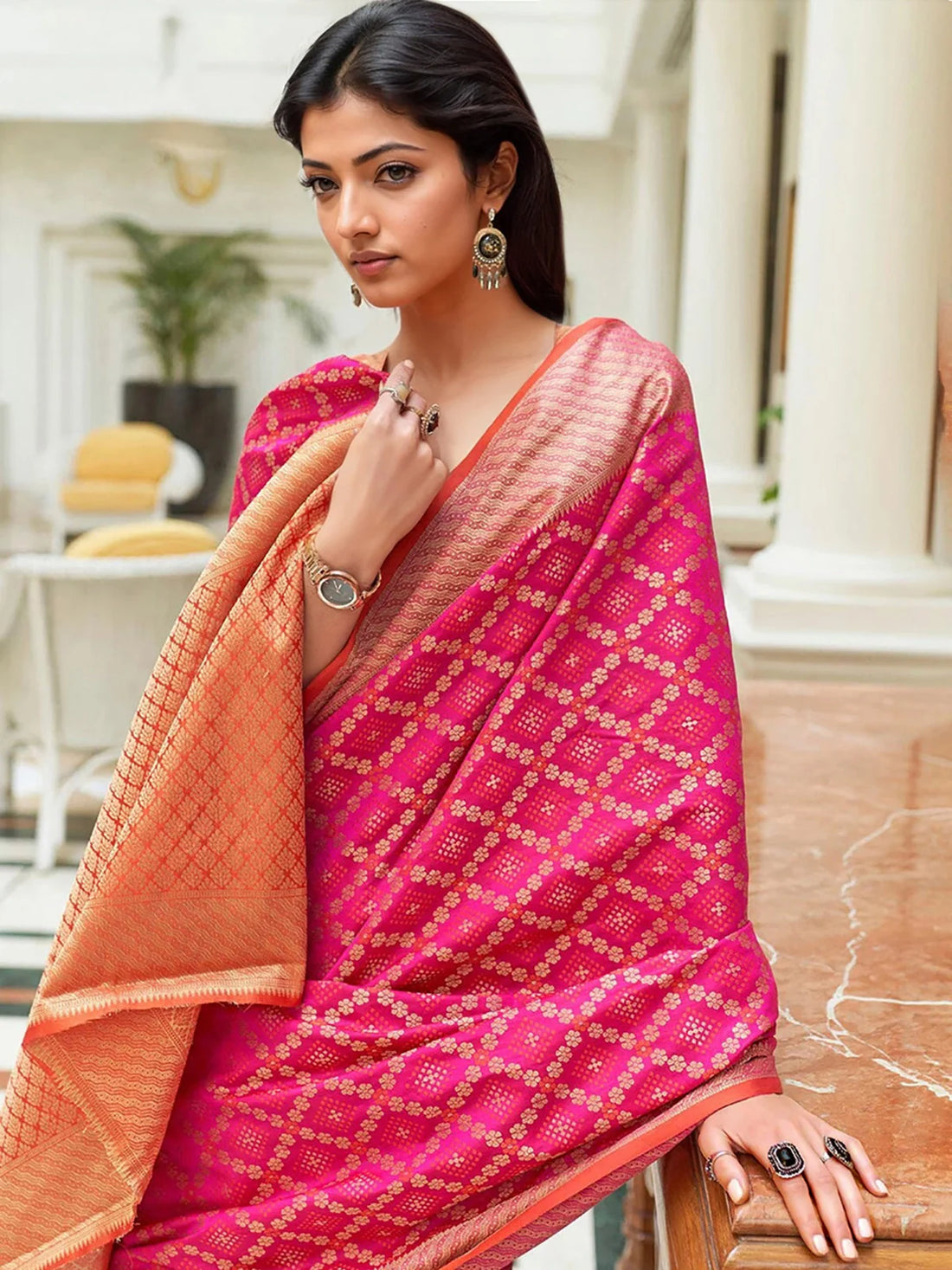 Buy Zari Work Woven Banarasi Silk Saree With Blouse Piece-Pink