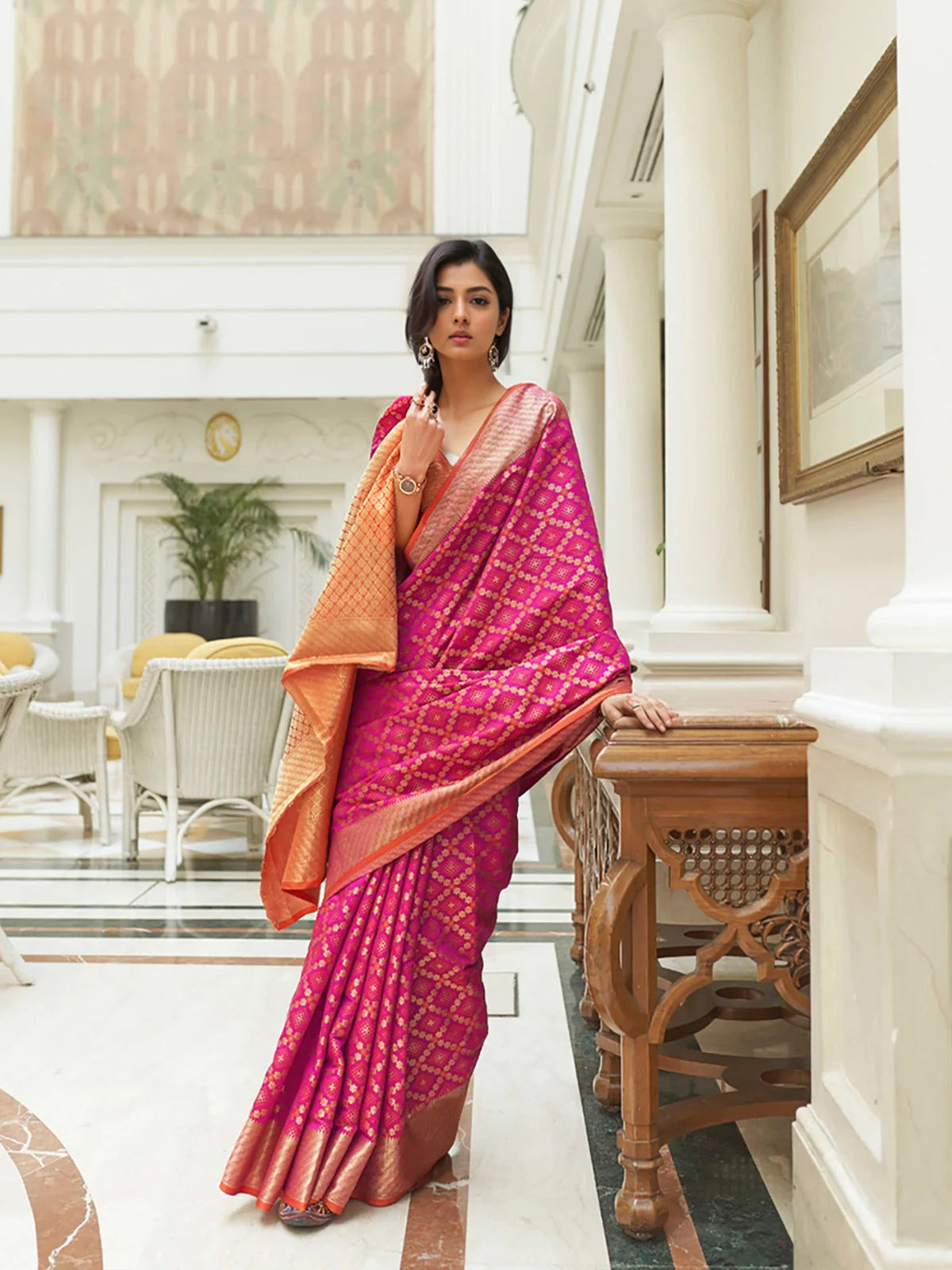 Buy Zari Work Woven Banarasi Silk Saree With Blouse Piece-Pink