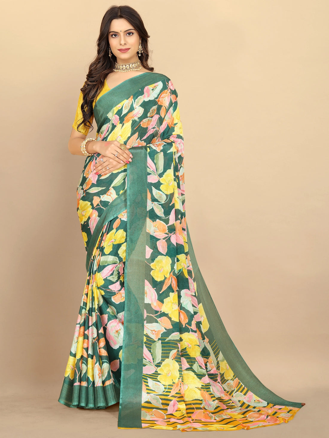 Buy Floral Printed Chiffon Saree With Blouse Piece-Green