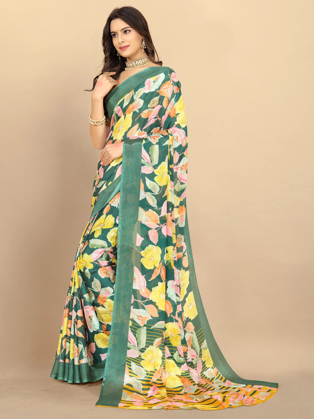 Buy Floral Printed Chiffon Saree With Blouse Piece-Green