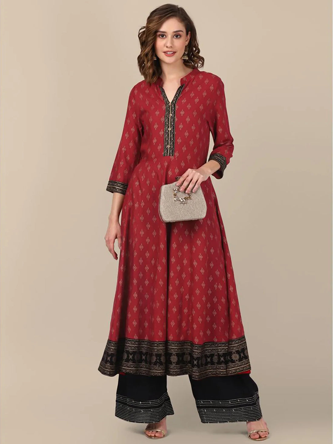 Buy Rayon All Over Ethnic Printed Calf Length Anarkali Kurta With Contrast Border At Hem-Maroon