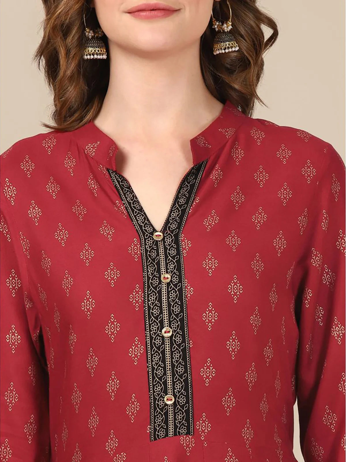 Buy Rayon All Over Ethnic Printed Calf Length Anarkali Kurta With Contrast Border At Hem-Maroon