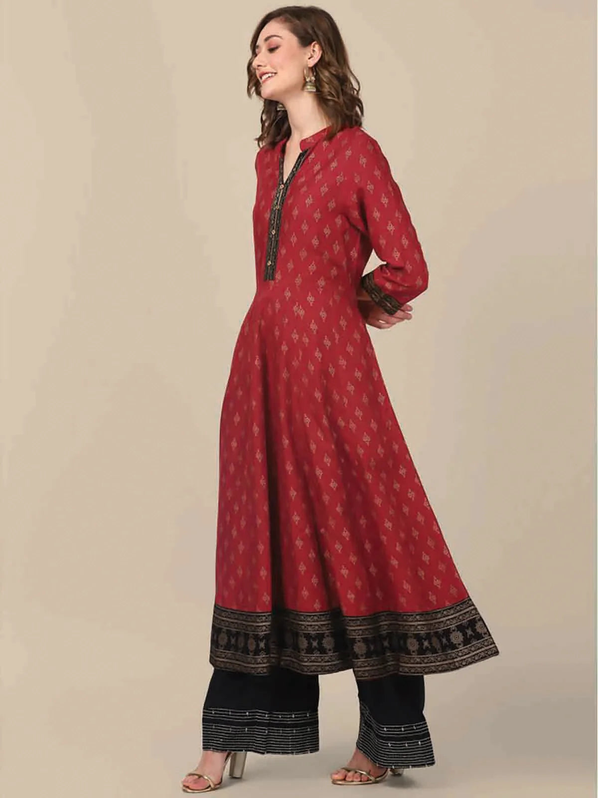 Buy Rayon All Over Ethnic Printed Calf Length Anarkali Kurta With Contrast Border At Hem-Maroon