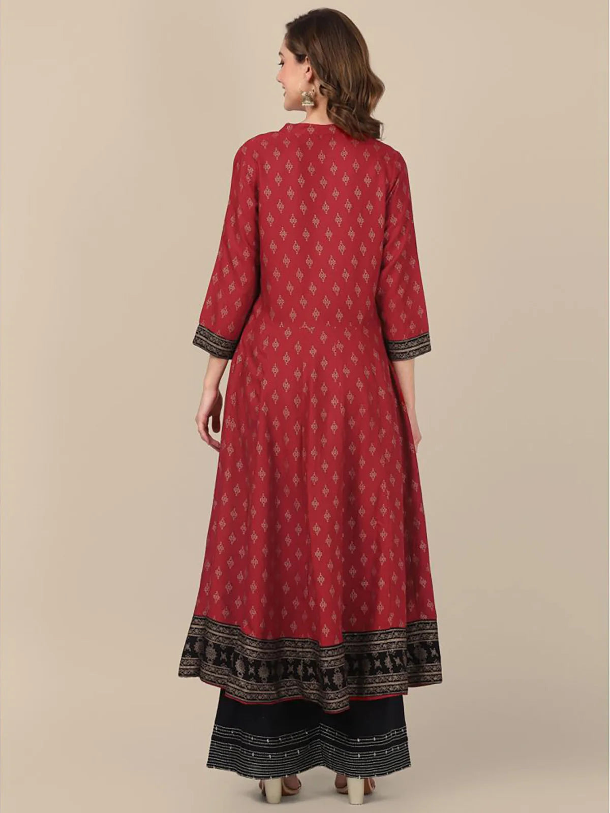 Buy Rayon All Over Ethnic Printed Calf Length Anarkali Kurta With Contrast Border At Hem-Maroon