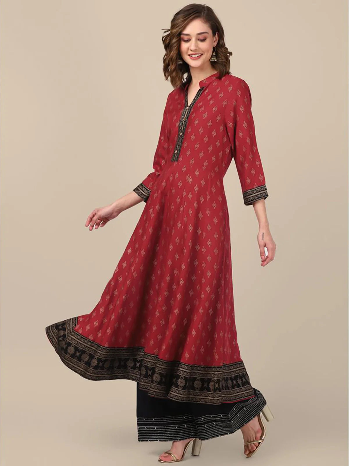 Buy Rayon All Over Ethnic Printed Calf Length Anarkali Kurta With Contrast Border At Hem-Maroon