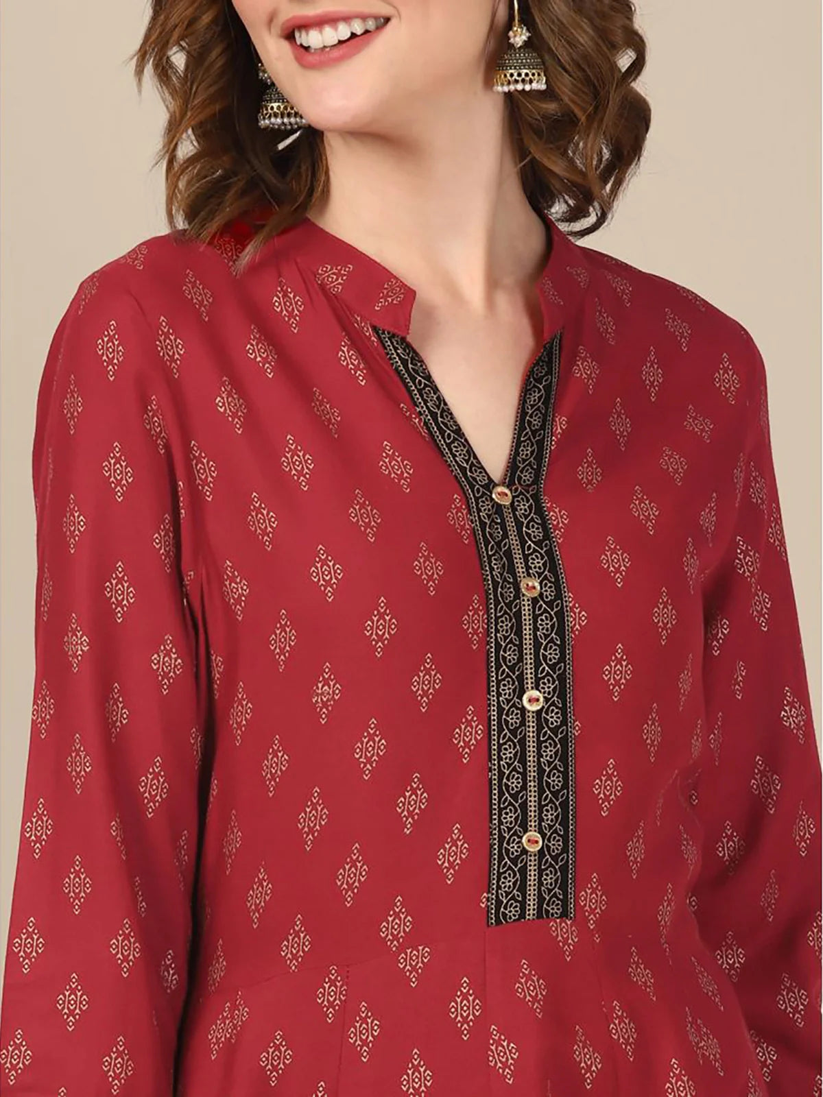 Buy Rayon All Over Ethnic Printed Calf Length Anarkali Kurta With Contrast Border At Hem-Maroon