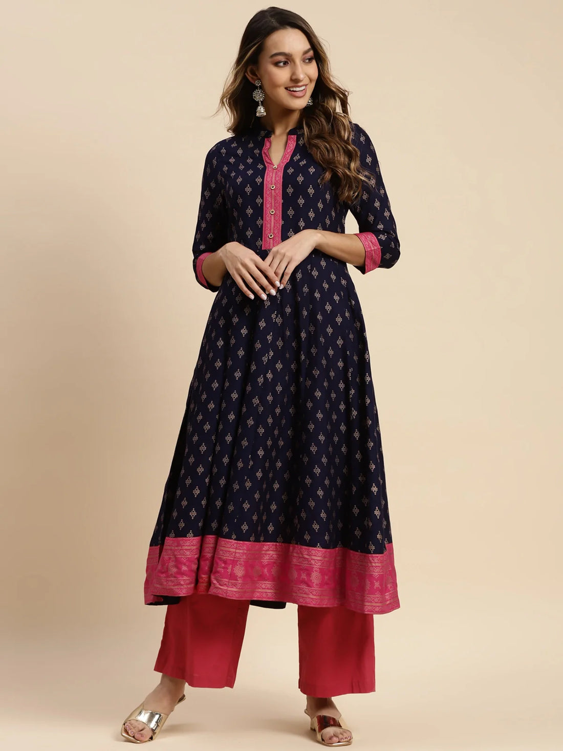 Buy Rayon All Over Ethnic Printed Calf Length Anarkali Kurta With Contrast Border At Hem-Navy Blue