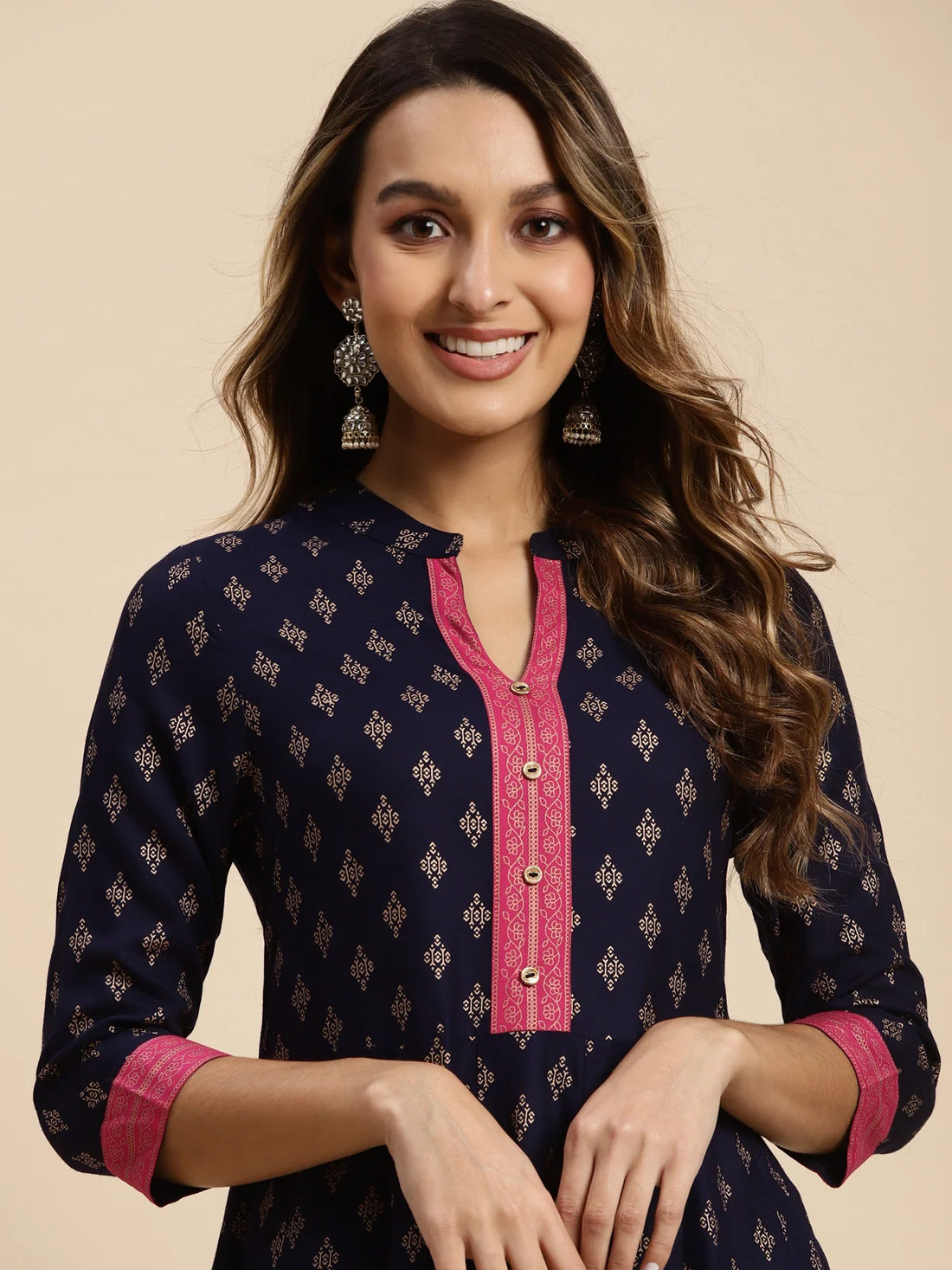 Buy Rayon All Over Ethnic Printed Calf Length Anarkali Kurta With Contrast Border At Hem-Navy Blue