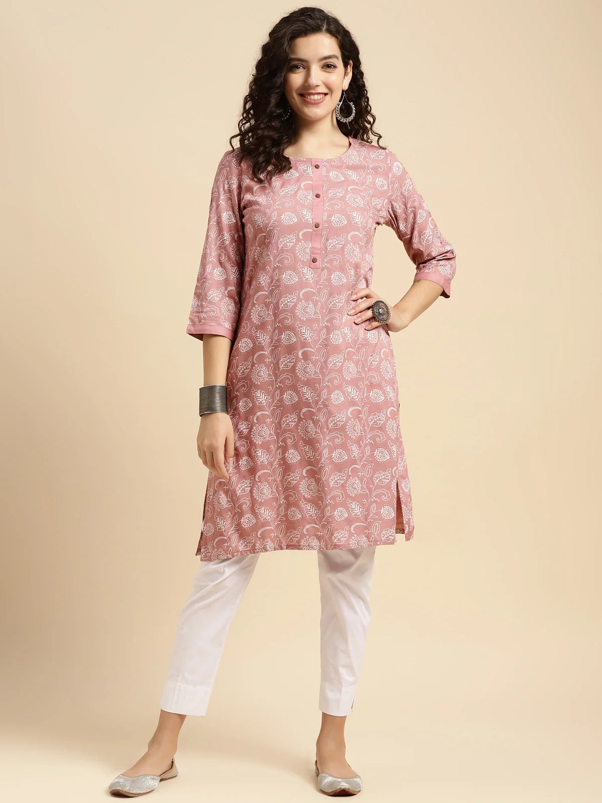 Buy Rayon Printed Knee Length Straight Kurta-Peach