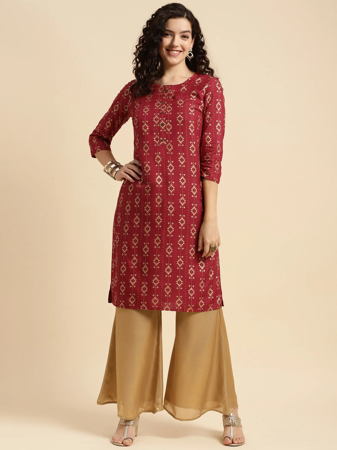 Buy Rayon Printed Knee Length Straight Kurta-Peach